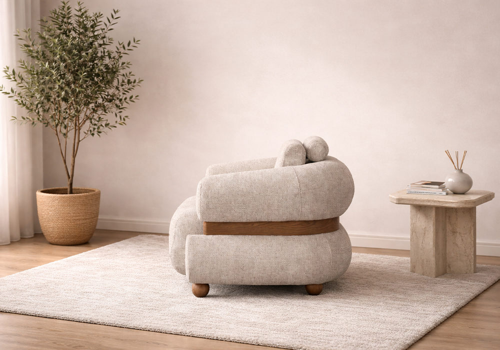 Krem berjer ahşap kollu modern tekli koltuk modeli