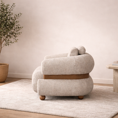 Krem berjer ahşap kollu modern tekli koltuk modeli