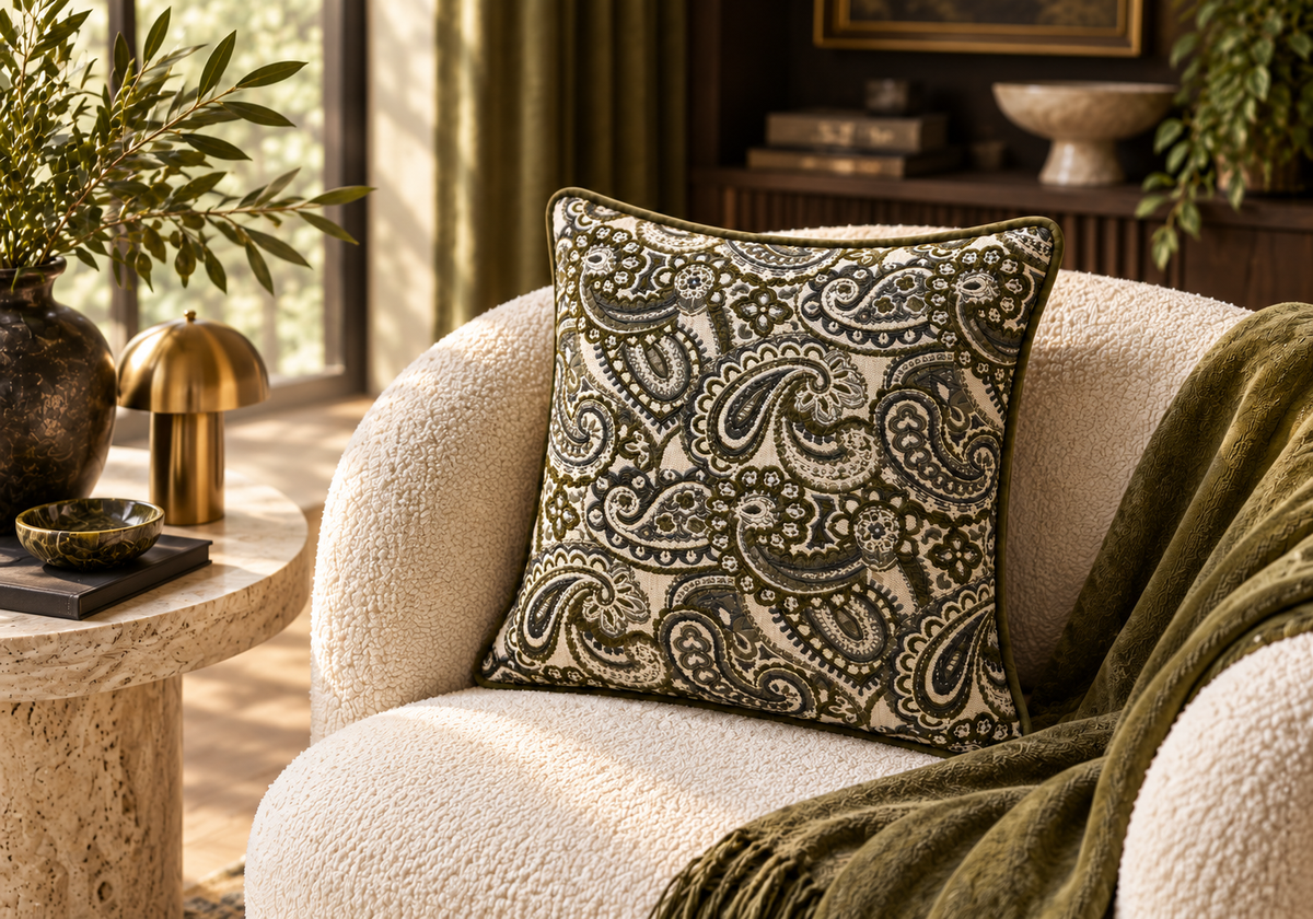 Alatau haki yeşili buta desenli kadife fitilli dekoratif kırlent kılıfı