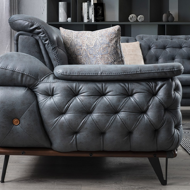 Alicia Chester Köşe Koltuk Takımı, antrasit rengi, yatak olabilir özellikli lüks tasarım.