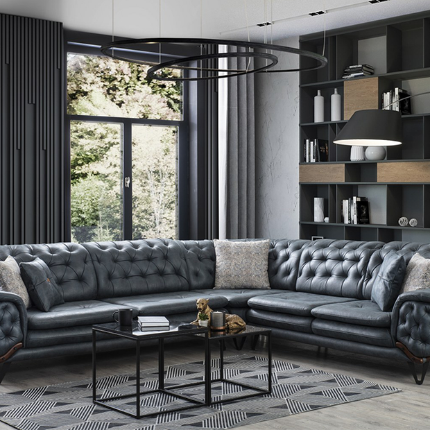 Alicia Chester Köşe Koltuk Takımı, antrasit rengi, yatak olabilir özellikli lüks tasarım.