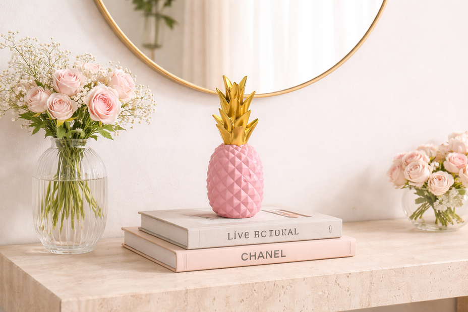 Konsol üzerinde pembe ve gold detaylı renklere sahip ananas dekoratif obje