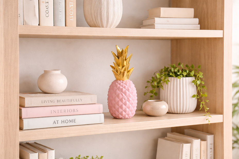Raf üzeriinde pembe ve gold renkte ananas dekoratif obje