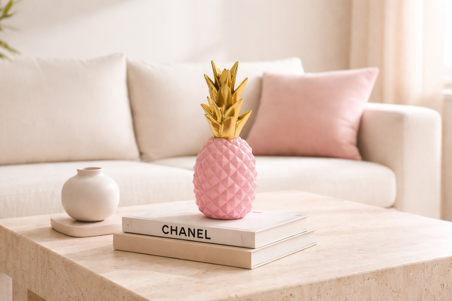 Sehpa üzerinde pembe gold renk detaylı ananas dekoratif obje 
