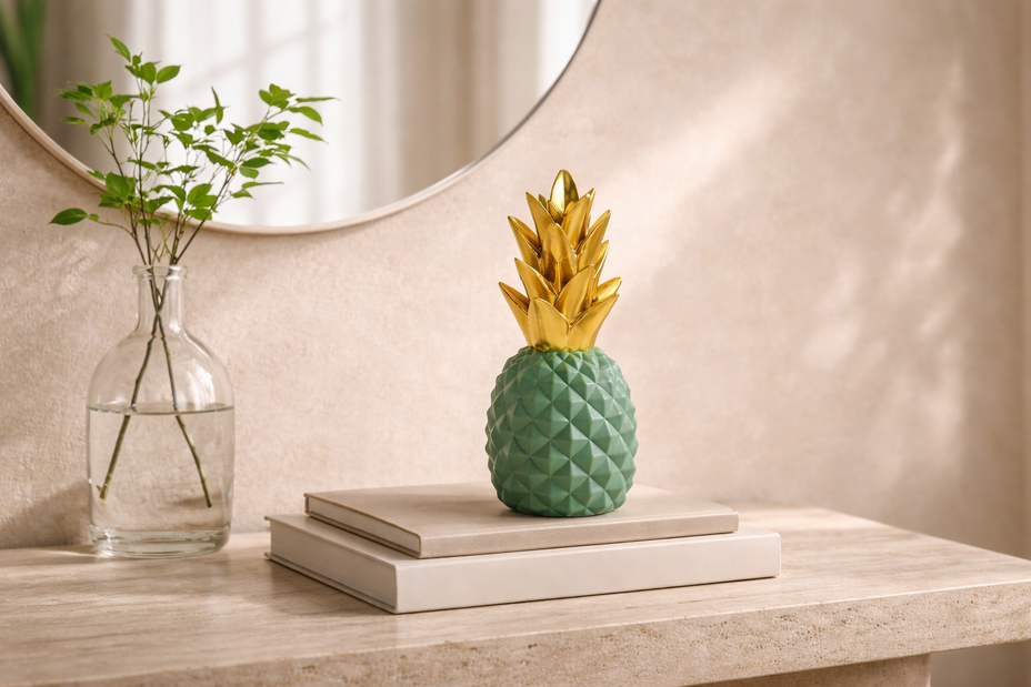 Traverten konsol üzerinde yeşil gold renk ananas dekoratif obje