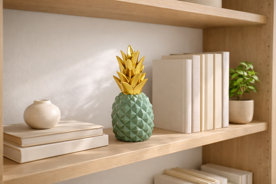 Raf üzerinde yeşil gold renk ananas dekoratif obje