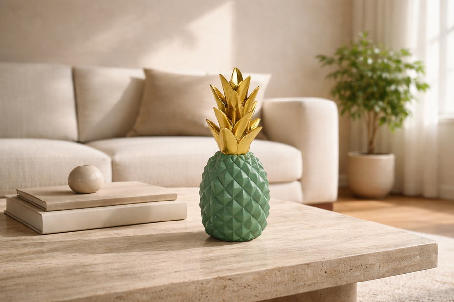 Traverten sehpa üzerinde yeşil gold renk ananas dekoratif obje