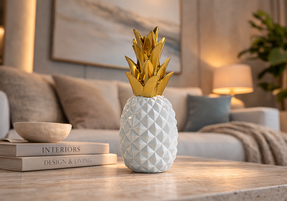 Modern yaşam alanı için ananas figürlü beyaz gold dekoratif aksesuar