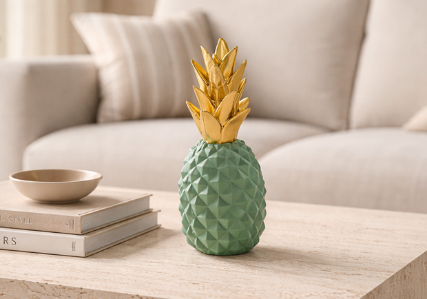 Sehpa üzerinde ananas figürlü yeşil gold dekoratif aksesuar