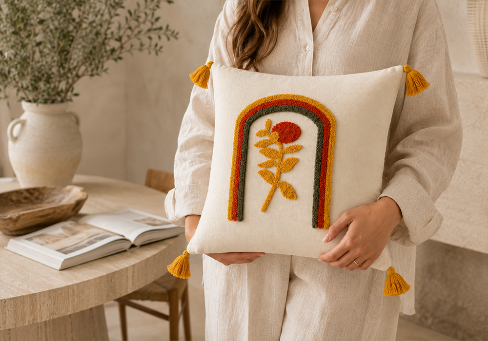 Arven punch işlemeli çiçek desenli dekoratif kırlent kılıfı