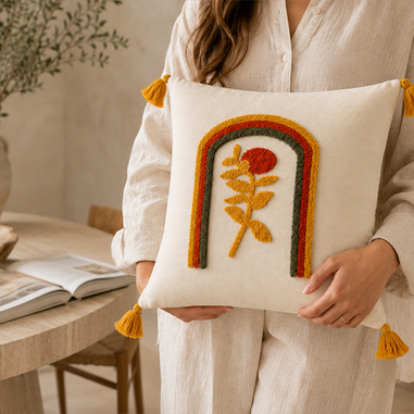 Arven punch işlemeli çiçek desenli dekoratif kırlent kılıfı