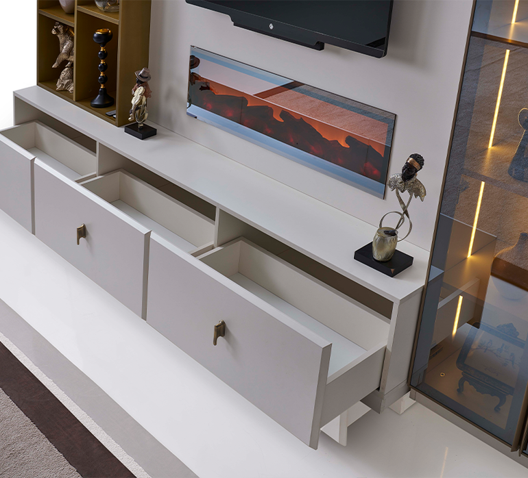 Salon dekorasyonunda Asel TV ünitesi çekmece detayları