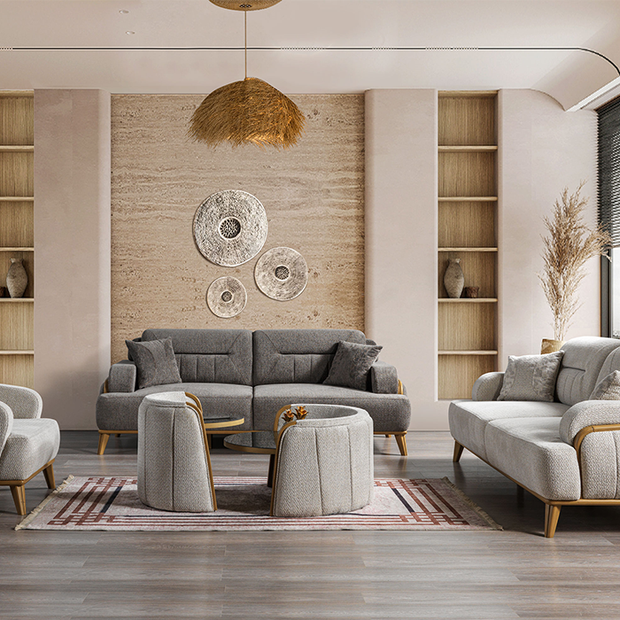 Aspendos koltuk takımı ahşap detaylı modern salon tasarımı