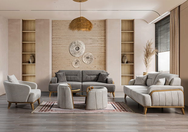 Aspendos koltuk takımı ahşap detaylı modern salon tasarımı