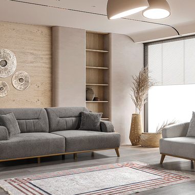 Modern koltuk takımı gri krem renk ve ahşap çerçeve detayları