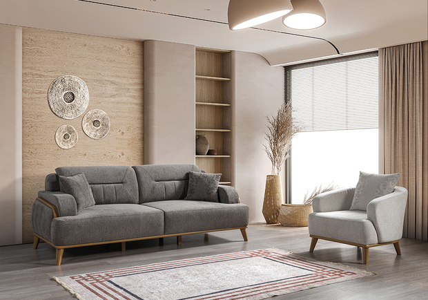 Modern koltuk takımı gri krem renk ve ahşap çerçeve detayları