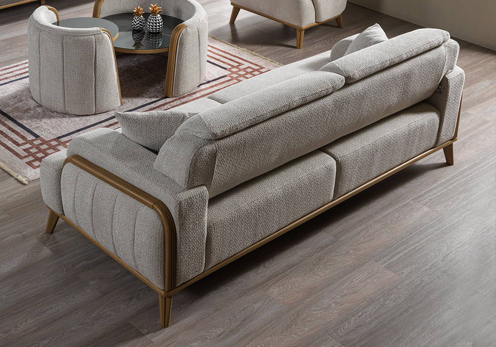 Ahşap kollu modern koltuk takımı salon dekorasyonu