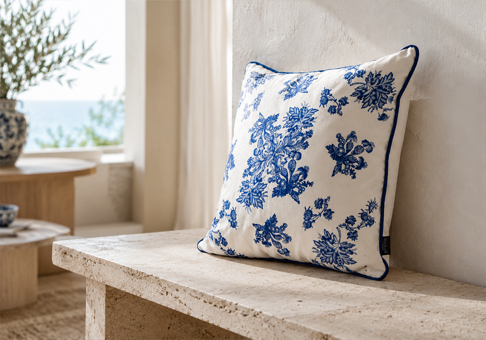 Belle Blue Biyeli Dekoratif Kırlent Kılıfı Akdeniz manzaralı salon dekorasyonu