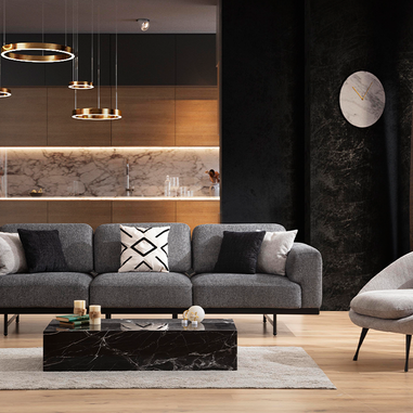 Gri koltuk takımı ve krem tekli koltuk ile minimal şehir salonu dekorasyonu Bongo 1811