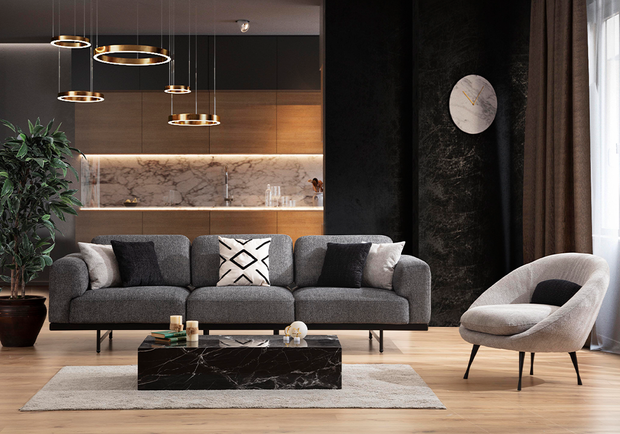 Gri koltuk takımı ve krem tekli koltuk ile minimal şehir salonu dekorasyonu Bongo 1811