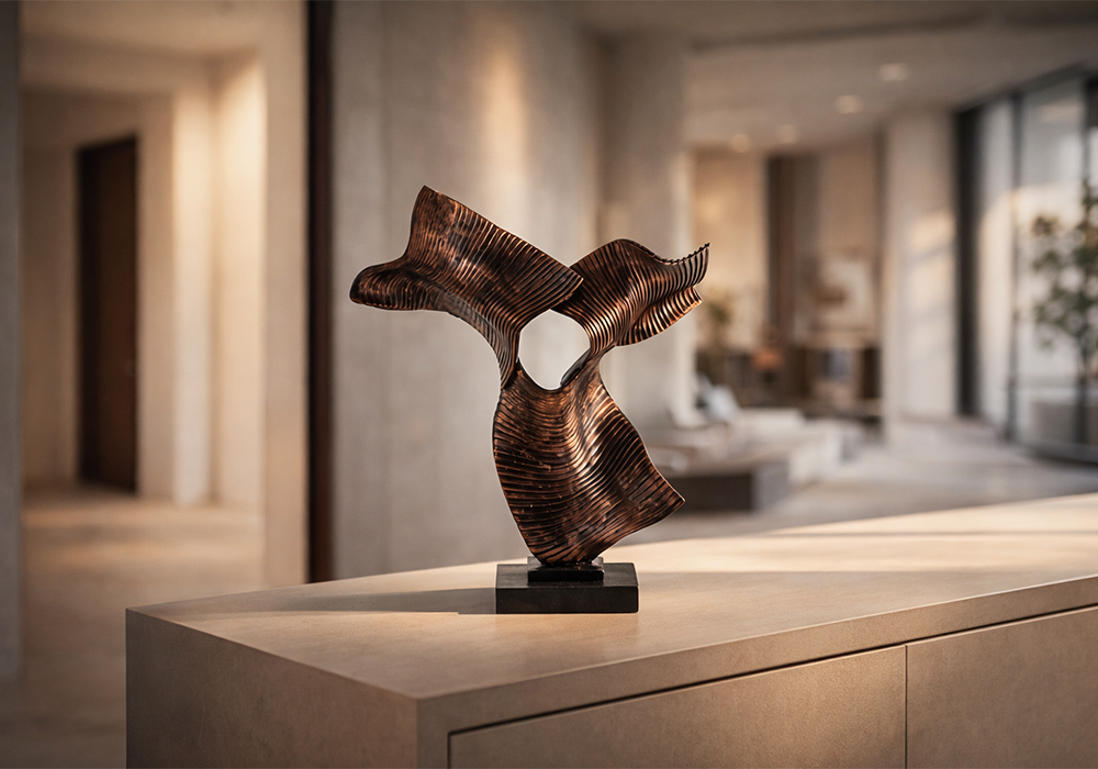 Üçlü kıvrık yaprak bronz dekoratif obje modern konsol üzerinde