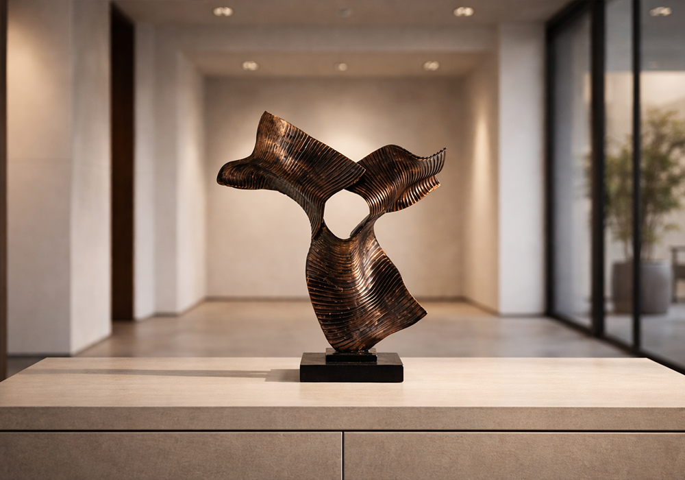 Modern ev dekorasyonunda üçlü yaprak bronz obje kullanımı