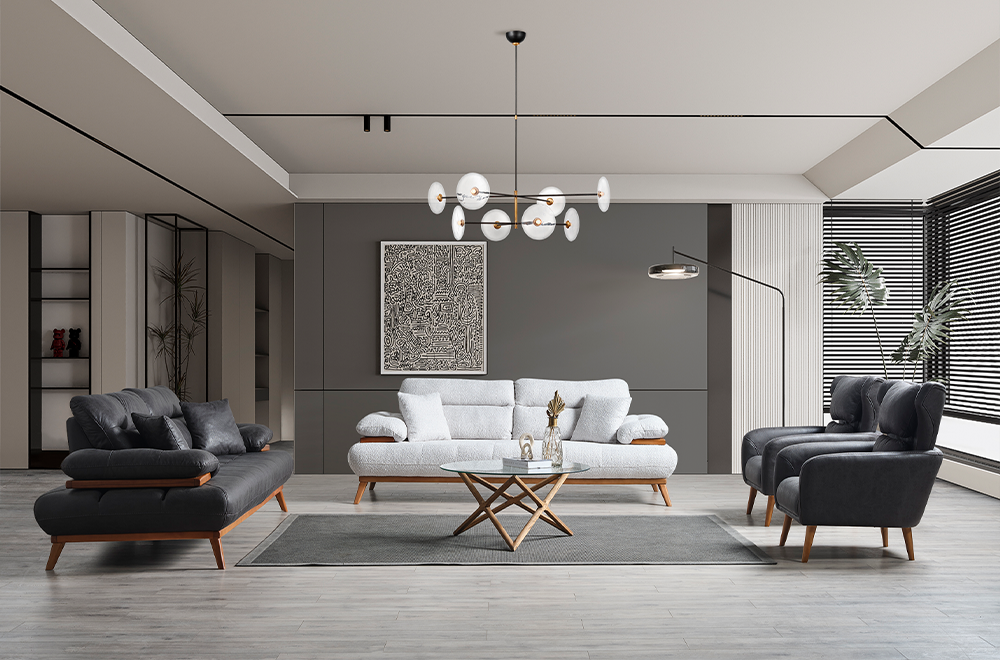 Bugatti Füme/Siyah Nubuk Deri Görünümlü Modern Koltuk Takımı, Ahşap Detaylı Konforlu Tasarım