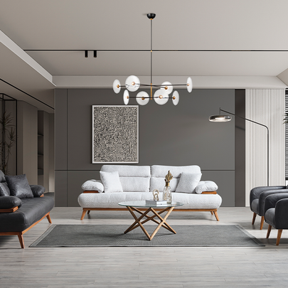 Bugatti Füme/Siyah Nubuk Deri Görünümlü Modern Koltuk Takımı, Ahşap Detaylı Konforlu Tasarım