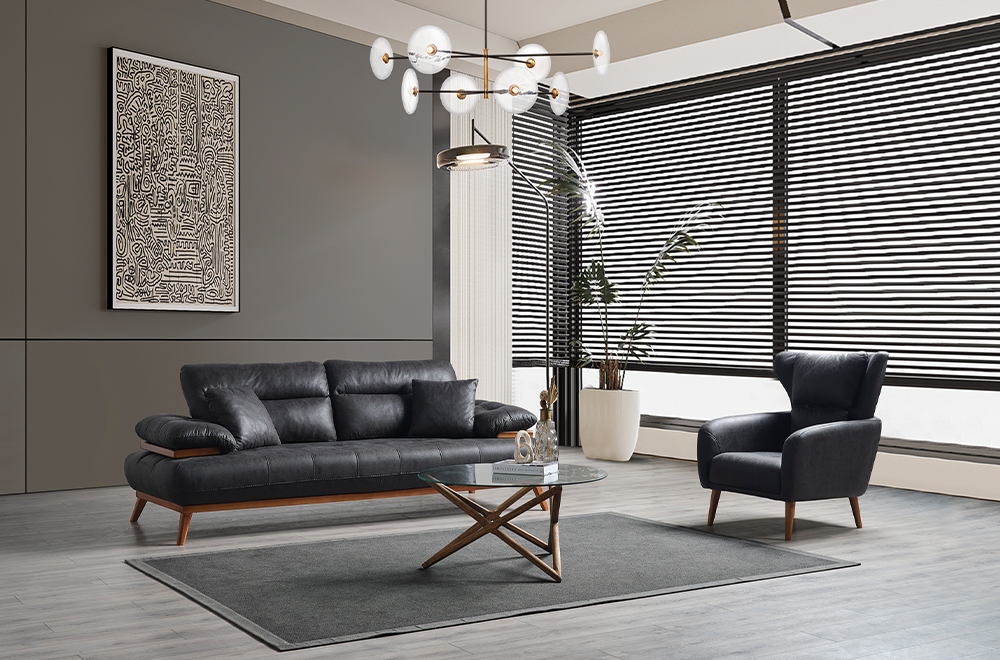 Bugatti Füme/Siyah Nubuk Deri Görünümlü Modern Koltuk Takımı, Ahşap Detaylı Konforlu Tasarım