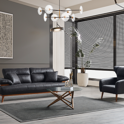 Bugatti Füme/Siyah Nubuk Deri Görünümlü Modern Koltuk Takımı, Ahşap Detaylı Konforlu Tasarım