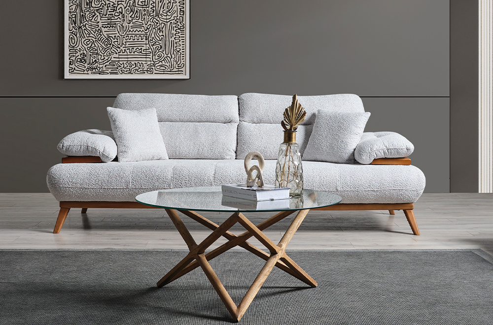 Bugatti Krem Coco Kumaş Modern Koltuk Takımı, Ahşap Detaylı Konforlu Tasarım