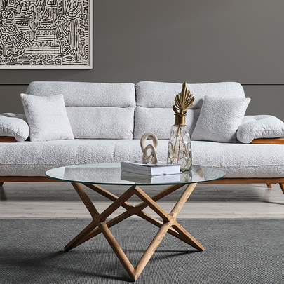 Bugatti Krem Coco Kumaş Modern Koltuk Takımı, Ahşap Detaylı Konforlu Tasarım