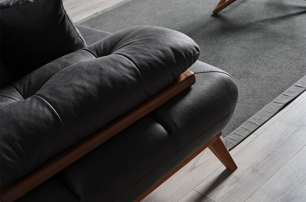 Bugatti Füme/Siyah Nubuk Deri Görünümlü Modern Koltuk Takımı, Ahşap Detaylı Konforlu Tasarım