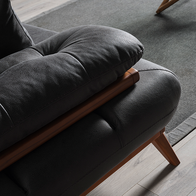 Bugatti Füme/Siyah Nubuk Deri Görünümlü Modern Koltuk Takımı, Ahşap Detaylı Konforlu Tasarım