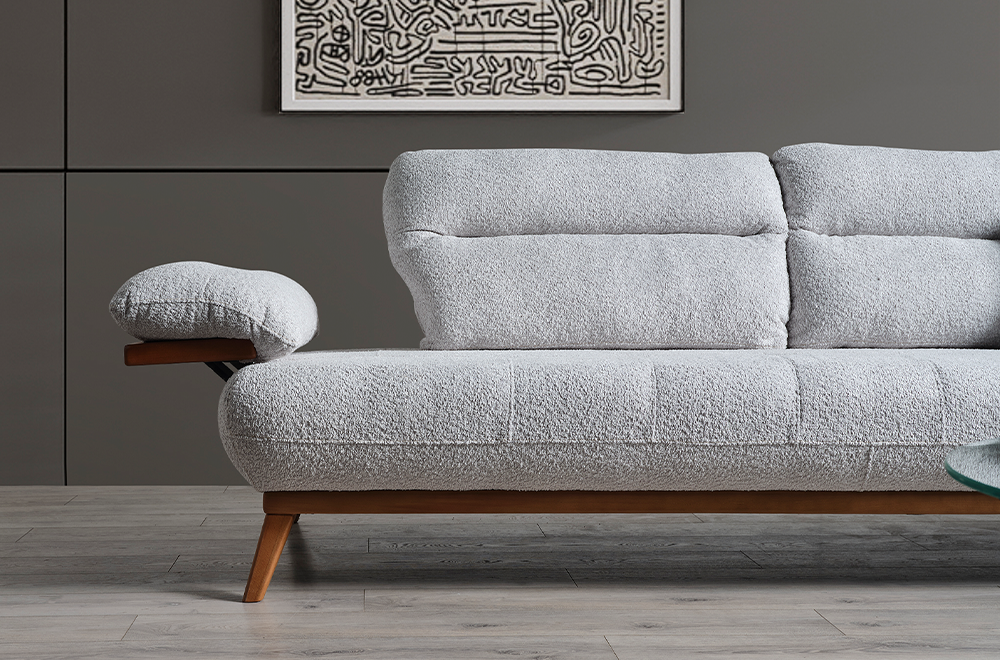 Bugatti  Krem Coco Kumaş Modern Koltuk Takımı, Ahşap Detaylı Konforlu Tasarım