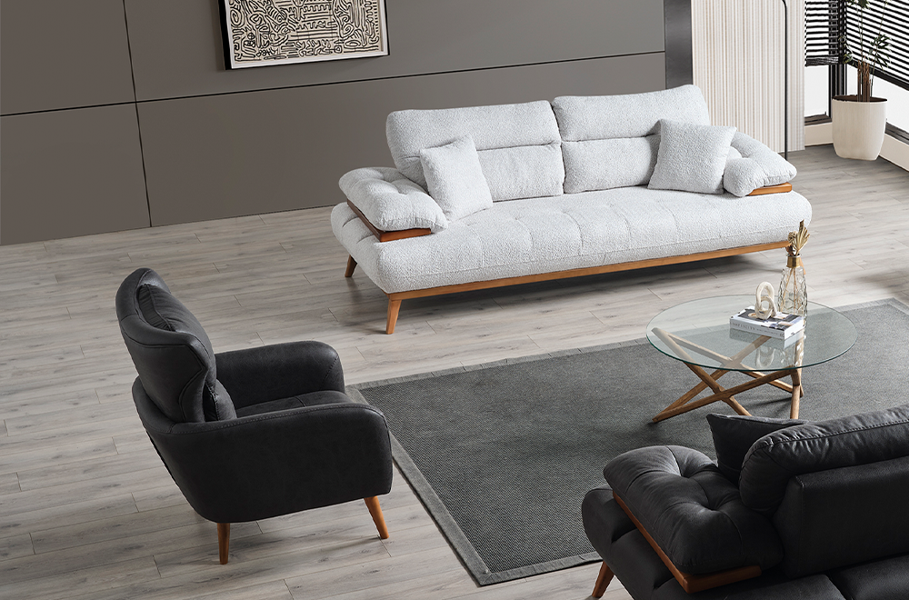 Bugatti Füme/Siyah Nubuk Deri Görünümlü Modern Koltuk Takımı, Ahşap Detaylı Konforlu Tasarım