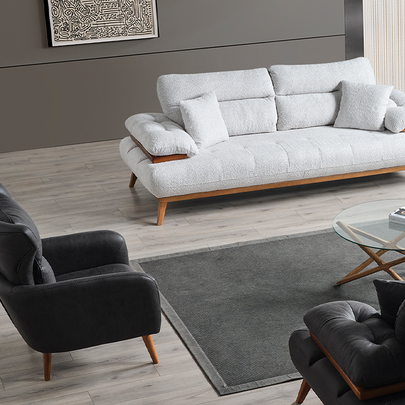 Bugatti Füme/Siyah Nubuk Deri Görünümlü Modern Koltuk Takımı, Ahşap Detaylı Konforlu Tasarım