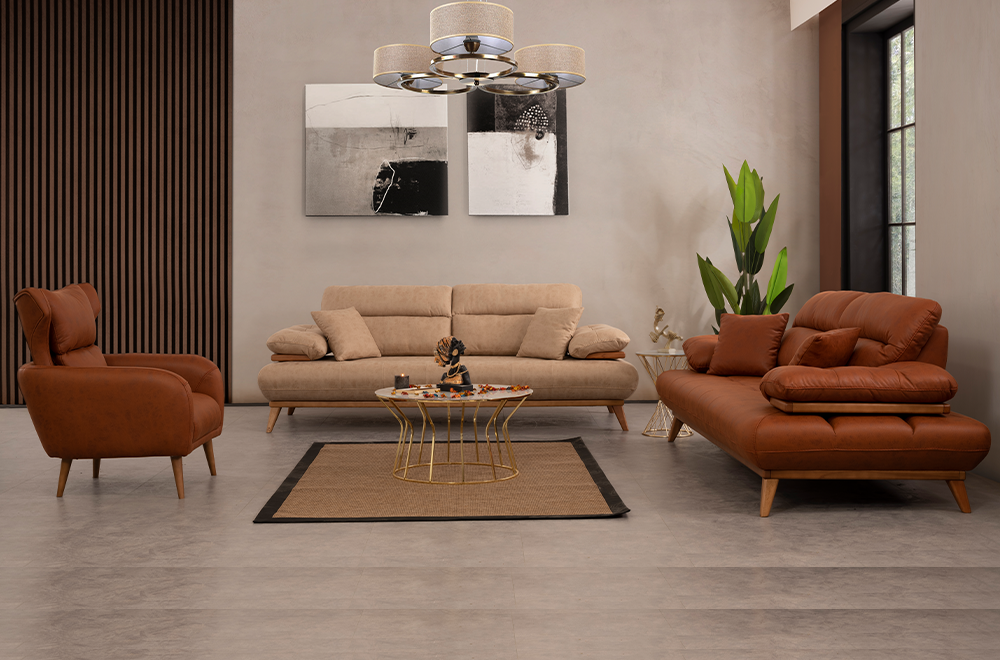 Bugatti Taba ve Bej Rengi Koltuk Takımı, Ahşap Ayaklı, Yumuşak Oturum, Modern Salon Takımı