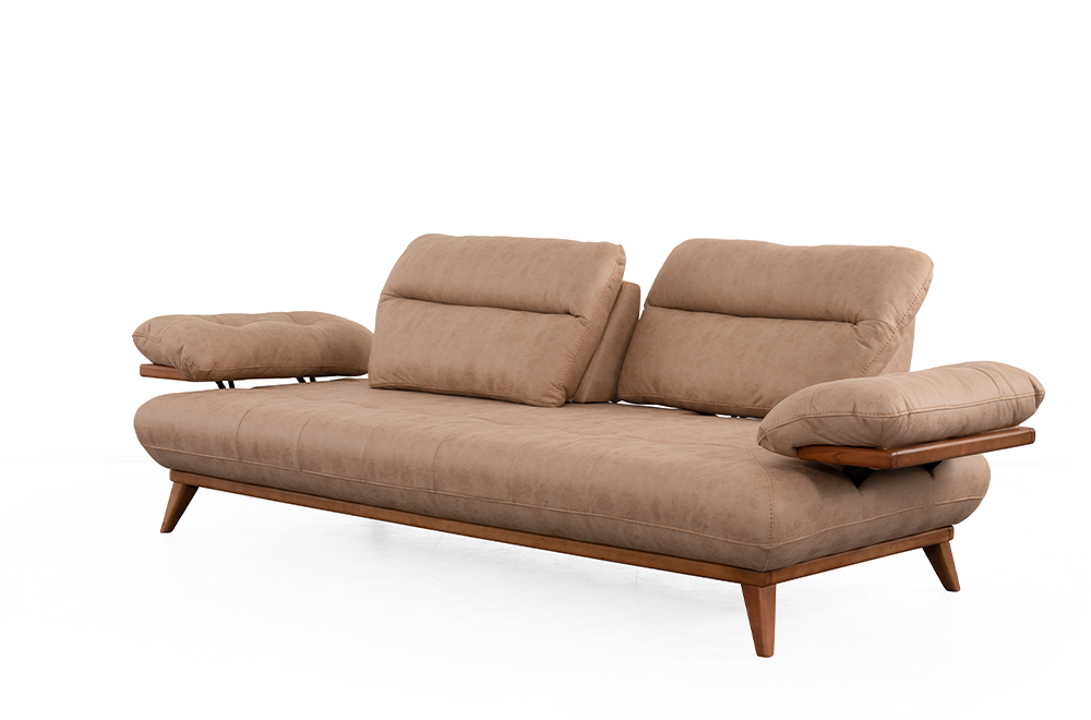 Bugatti Bej Rengi Koltuk Takımı, Ahşap Ayaklı, Yumuşak Oturum, Kolları ve Sırtı Açılabilen Modern Salon Takımı