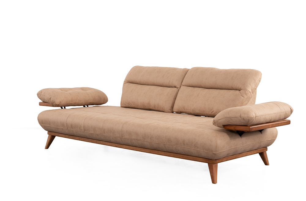 Bugatti Bej Rengi Koltuk Takımı, Ahşap Ayaklı, Yumuşak Oturum, Kolları ve Sırtı Açılabilen Modern Salon Takımı