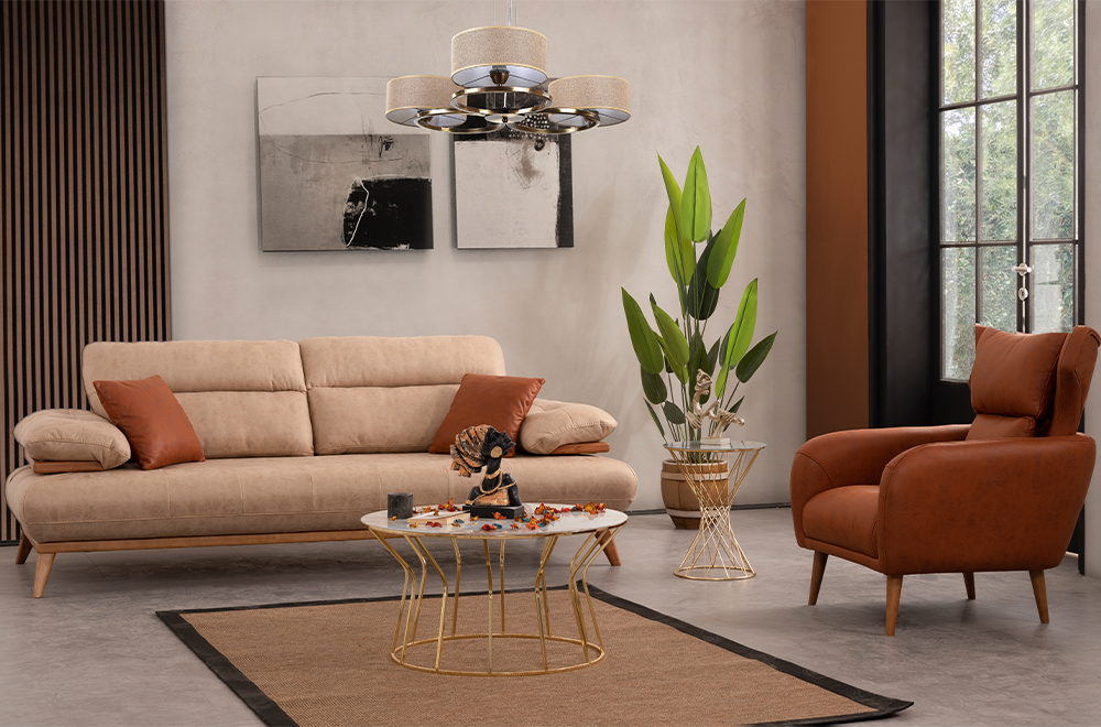 Bugatti Taba ve Bej Rengi Koltuk Takımı, Ahşap Ayaklı, Yumuşak Oturum, Modern Salon Takımı