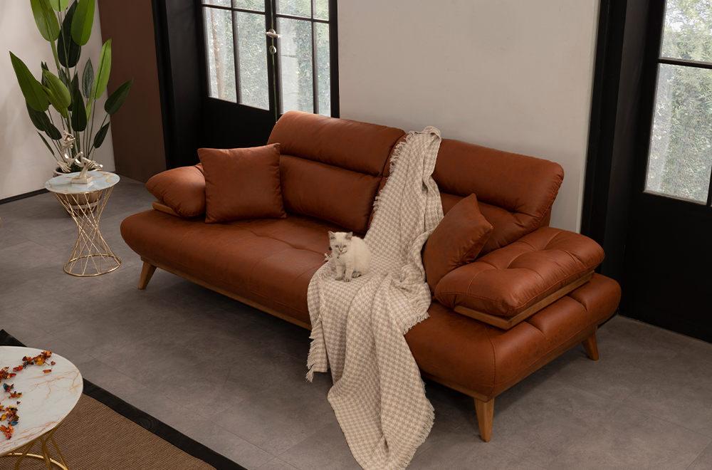 Bugatti Taba ve Bej Rengi Koltuk Takımı, Ahşap Ayaklı, Yumuşak Oturum, Modern Salon Takımı