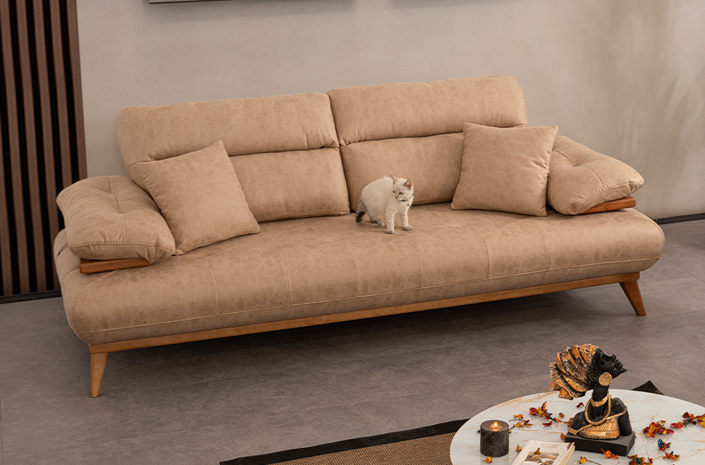 Bugatti Bej Rengi Koltuk Takımı, Ahşap Ayaklı, Yumuşak Oturum, Modern Salon Takımı