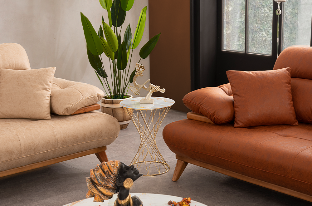 Bugatti Taba ve Bej Rengi Koltuk Takımı, Ahşap Ayaklı, Yumuşak Oturum, Modern Salon Takımı