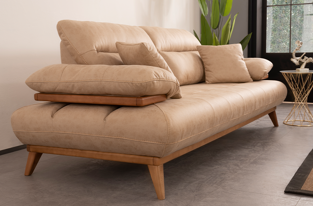 Bugatti Taba ve Bej Rengi Koltuk Takımı, Ahşap Ayaklı, Yumuşak Oturum, Modern Salon Takımı