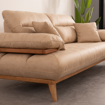 Bugatti Taba ve Bej Rengi Koltuk Takımı, Ahşap Ayaklı, Yumuşak Oturum, Modern Salon Takımı