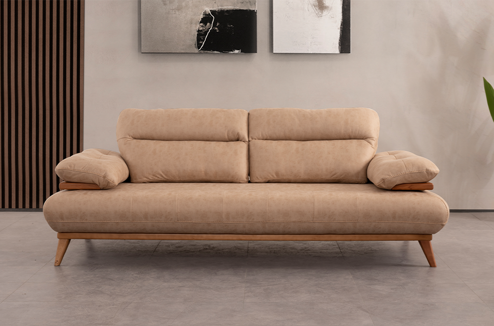 Bugatti Bej Rengi Koltuk Takımı, Ahşap Ayaklı, Yumuşak Oturum, Modern Salon Takımı