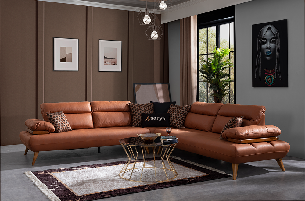 Bugatti Taba Rengi Deri Görünümlü Köşe Koltuk Takımı, Ahşap Ayaklı, Geniş ve Konforlu Oturum Alanı