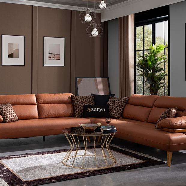 Bugatti Taba Rengi Deri Görünümlü Köşe Koltuk Takımı, Ahşap Ayaklı, Geniş ve Konforlu Oturum Alanı