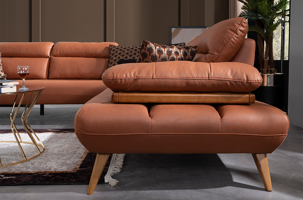 Bugatti Taba Rengi Deri Görünümlü Köşe Koltuk Takımı, Ahşap Ayaklı, Geniş ve Konforlu Oturum Alanı